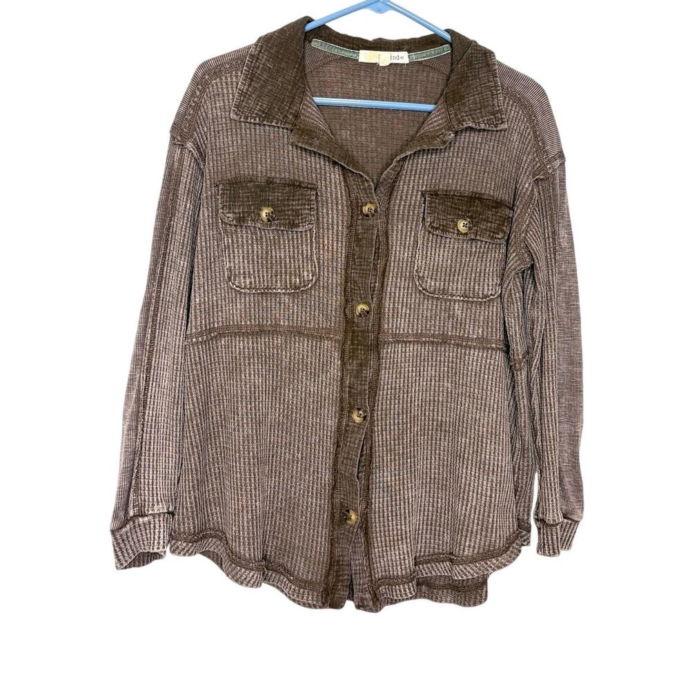 Rewind Thermal Waffle Knit Button Down Shirt Women's Sz S Gauzy Trim Boho Grunge